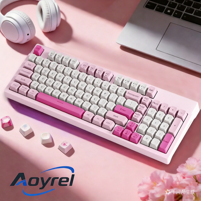 Aoyrel Computer keyboards, K500F Tri-Mode Wireless Mechanical Keyboard, 98-Key Layout, Ergonomic Design, RGB Backlit with Side Lights, Bluetooth 5.0/2.4GHz/USB-C, Volume Knob, Pink Mixed Keycaps