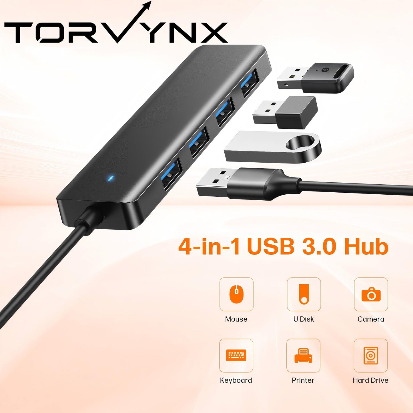 Torvynx USB Hub 4 Ports, Multiple USB 3.0 Hub, USB A Splitter Ultra-Slim USB Expander for Mouse, Keyboard, Flash Drive, U Disk, Printer, Laptop PC, Desktop and More