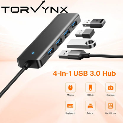 Torvynx USB Hub 4 Ports, Multiple USB 3.0 Hub, USB A Splitter Ultra-Slim USB Expander for Mouse, Keyboard, Flash Drive, U Disk, Printer, Laptop PC, Desktop and More