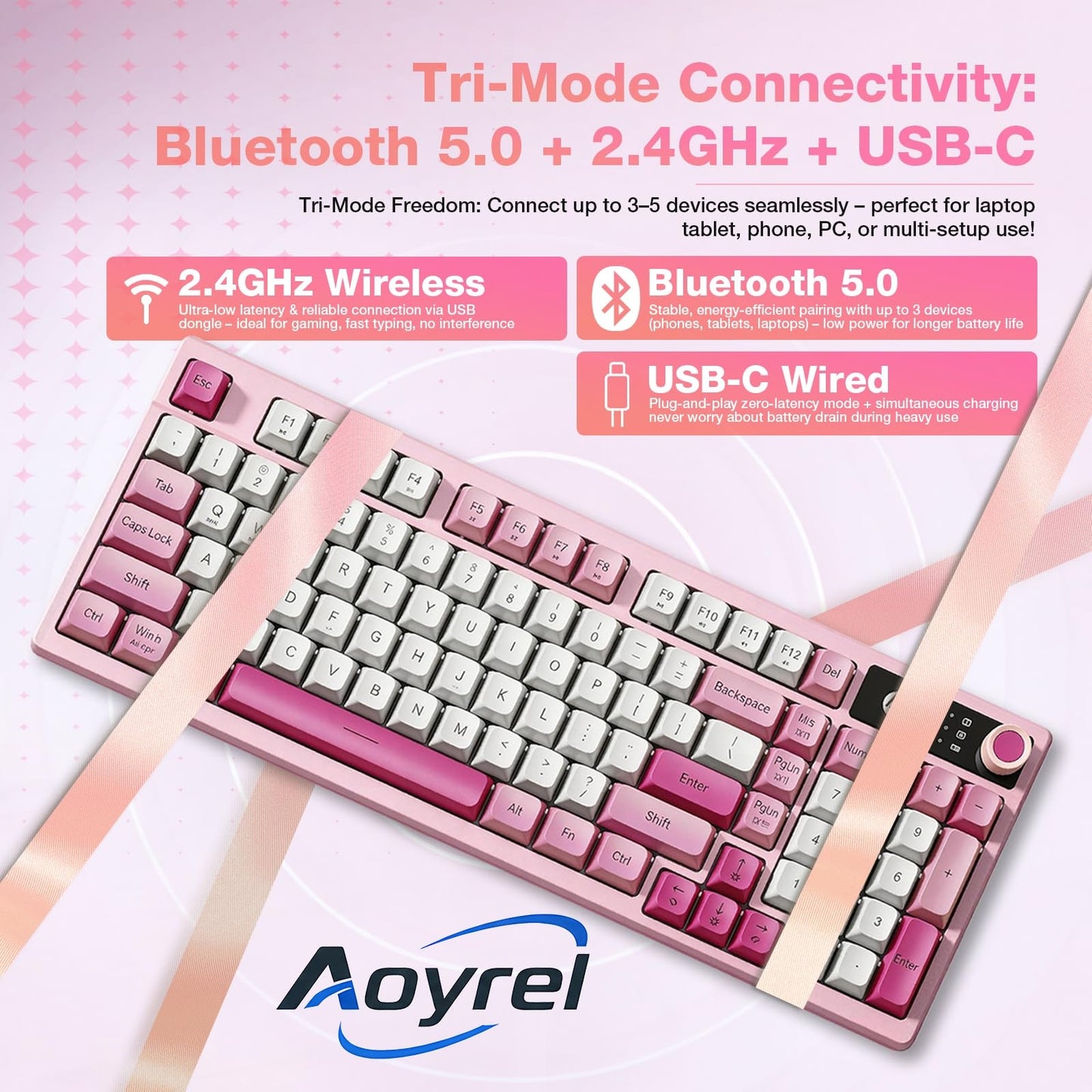 Aoyrel Computer keyboards, K500F Tri-Mode Wireless Mechanical Keyboard, 98-Key Layout, Ergonomic Design, RGB Backlit with Side Lights, Bluetooth 5.0/2.4GHz/USB-C, Volume Knob, Pink Mixed Keycaps