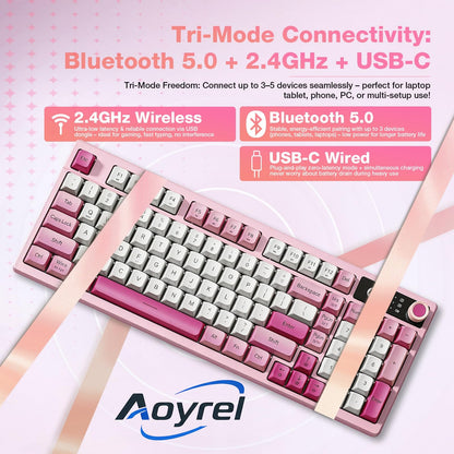 Aoyrel Computer keyboards, K500F Tri-Mode Wireless Mechanical Keyboard, 98-Key Layout, Ergonomic Design, RGB Backlit with Side Lights, Bluetooth 5.0/2.4GHz/USB-C, Volume Knob, Pink Mixed Keycaps
