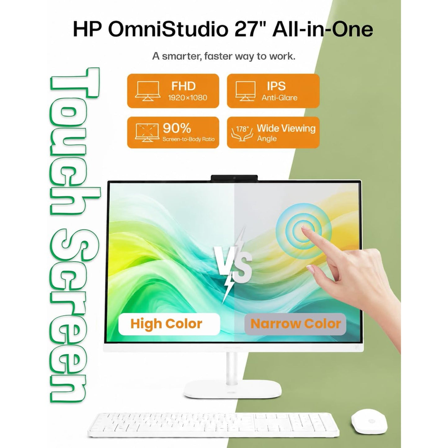 HP OmniStudio 27" All-in-One Desktop Computer, 27-inch FHD IPS Touchscreen, Intel Core Ultra 7 355U, 16GB DDR5, 1TB SSD, Wi-Fi 7, Windows 11 Pro