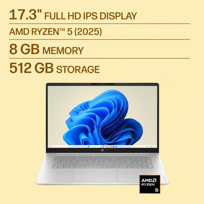 HP OmniBook 3 17.3" Laptop, AMD Ryzen 5 40, 8GB RAM, 512GB PCIe SSD, 17 inch FHD IPS Display, Wi-Fi 7, Privacy Webcam, Windows 11 Home