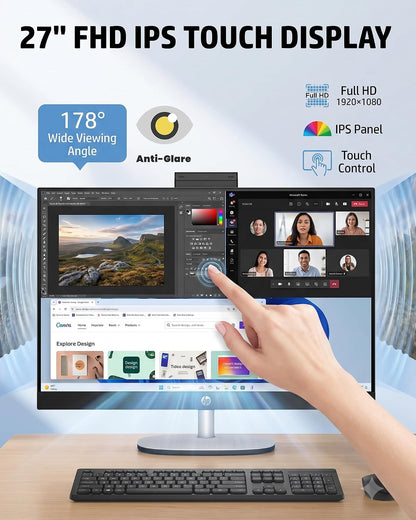 HP 27" All-in-One Desktop Computer, 27-inch FHD IPS Touchscreen, AMD Ryzen AI 7 350, 32GB DDR5, 1TB SSD, Wi-Fi 6, Bluetooth, Windows 11 Pro