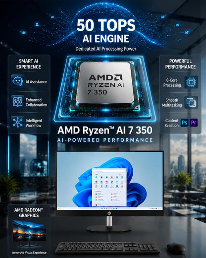 HP 27" All-in-One Desktop Computer, 27-inch FHD IPS Touchscreen, AMD Ryzen AI 7 350, 16GB DDR5, 1TB SSD, Wi-Fi 6, Bluetooth, Windows 11 Pro