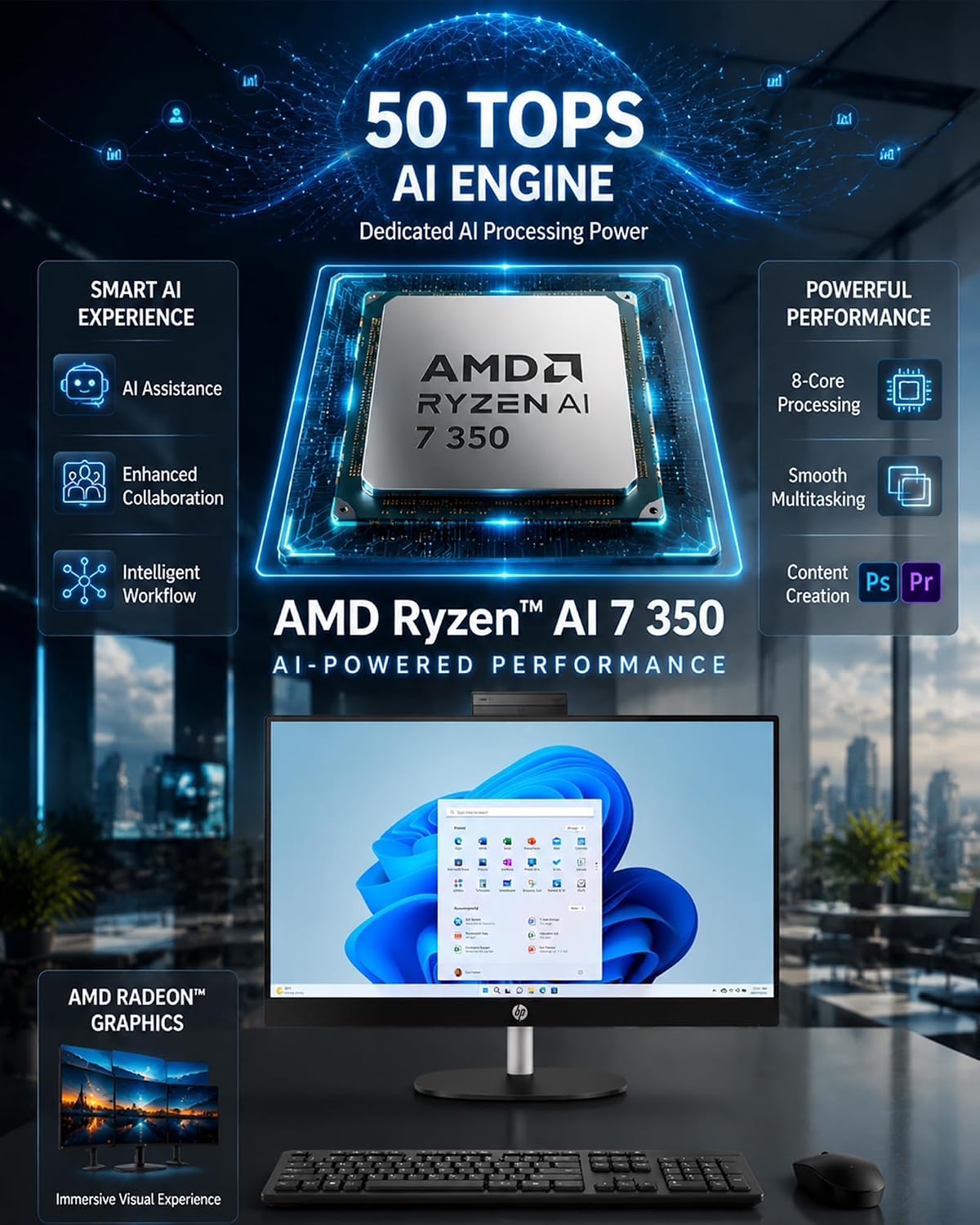HP 27" All-in-One Desktop Computer, 27-inch FHD IPS Touchscreen, AMD Ryzen AI 7 350, 32GB DDR5, 2TB SSD, Wi-Fi 6, Bluetooth, Windows 11 Pro