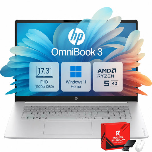 HP OmniBook 3 17.3" Laptop, AMD Ryzen 5 40, 8GB RAM, 512GB PCIe SSD, 17 inch FHD IPS Display, Wi-Fi 7, Privacy Webcam, Windows 11 Home