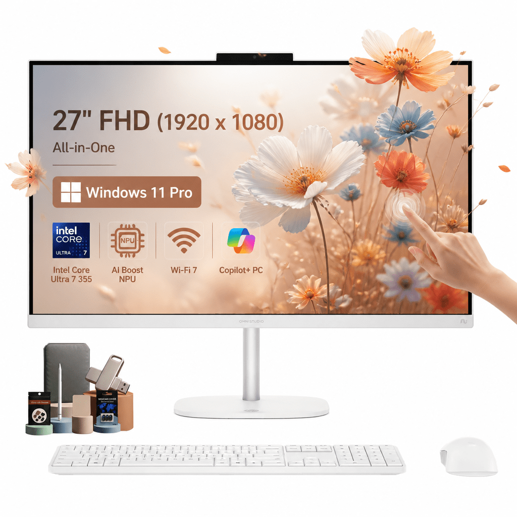 HP OmniStudio 27" All-in-One Desktop Computer, 27-inch FHD IPS Touchscreen, Intel Core Ultra 7 355U, 32GB DDR5, 1TB SSD, Wi-Fi 7, Windows 11 Pro
